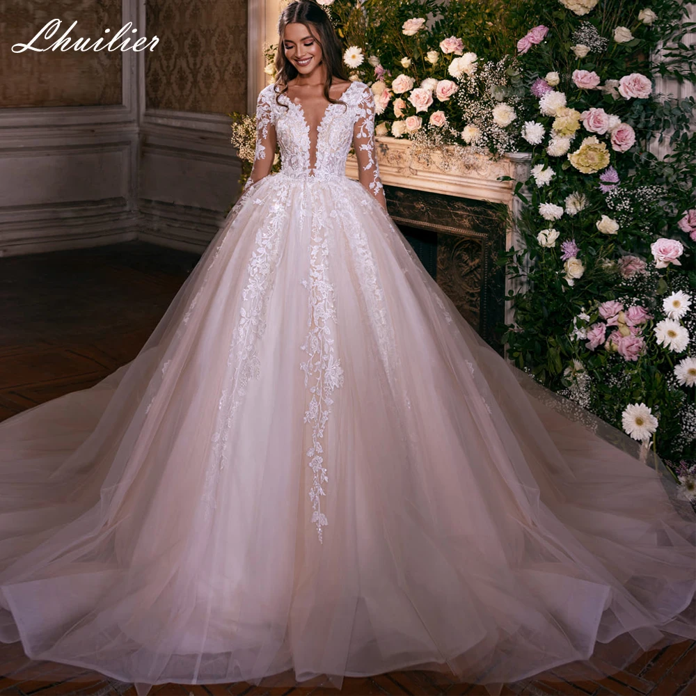 

Lhuillier Customized Ball Gown Lace Appliques Wedding Dresses Floor Length Beaded Long Sleeves Bridal Dress with Chapel Train