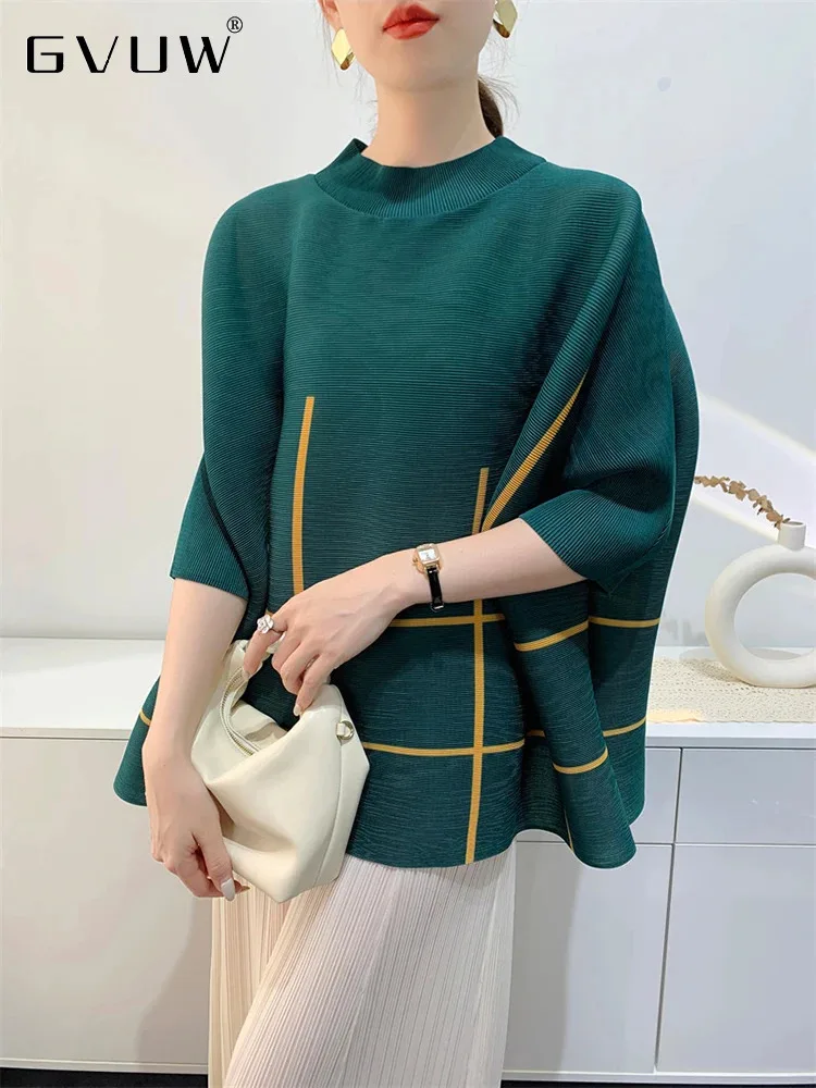 

GVUW Pleated Print T Shirt Women Batwing Sleeve Loose Versatile New 2024 Female Casual Fashion Female Pullover Tops 17G8438