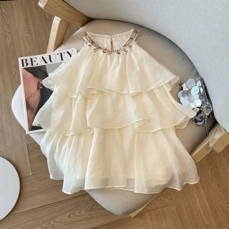 صيف جديد أنيق الرسن قمصان النساء الكورية موضة الديكور الكشكشة المرقعة الوردي البلوزات السيدات بلا أكمام بلايز عادية #4