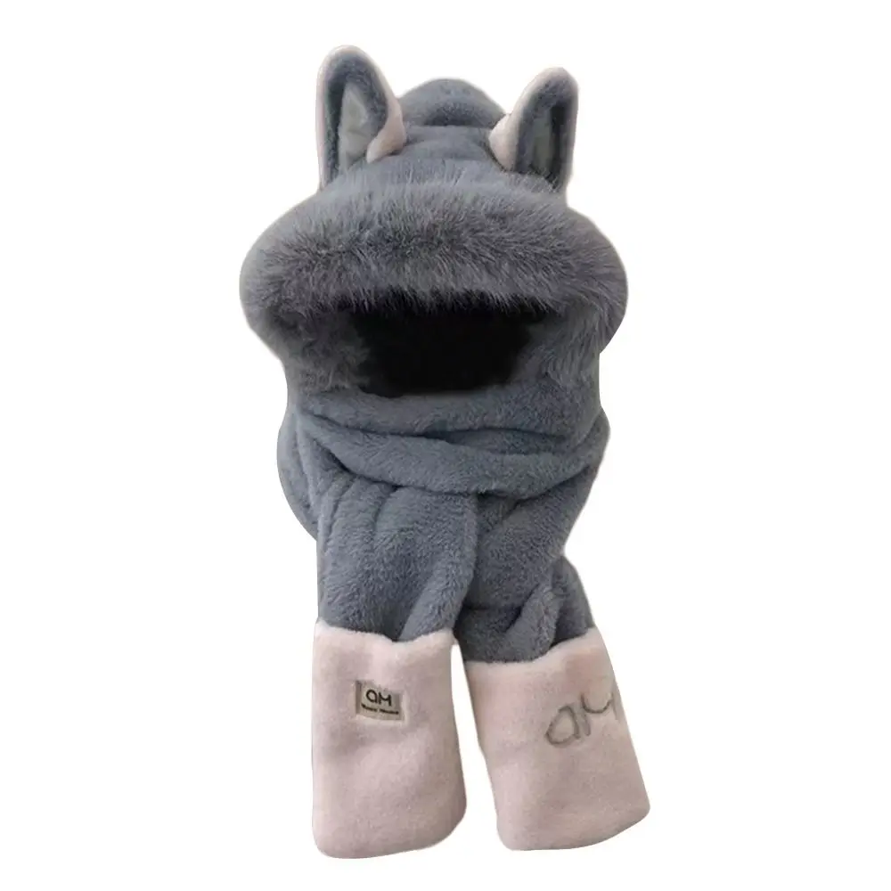 Winter Furry Scarf Hat Glove Three-piece Set Fox Ear Cute Beanies Cap Scarf Thickened Soft Scarf Set Hooded for Women Sweet Girl