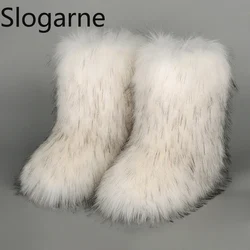 2026 Women's Winter Faux Fox Fur Boots Woman Plush Warm Snow Boots Luxury Footwear Girls' Furry Fur Bottes Fashion Fluffy Shoes