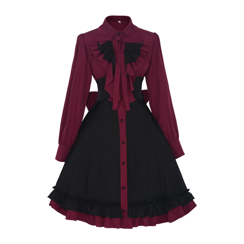 Women's Medieval Gothic Lolita Dress Autumn Vintage Pleated Lace Up Big Size Bow Collar Elegant Black Renaissance Cosplay Outfit