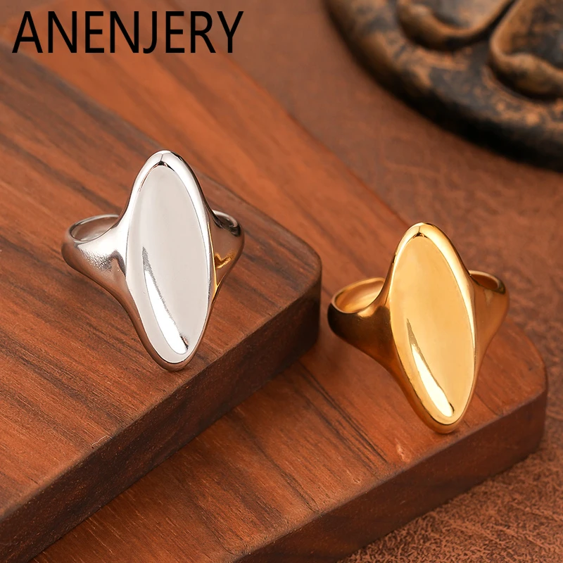 ANENJERY 316L Stainless Steel Smooth Oval Geometry Open Ring For Women Men Simple Hip Hop Personality Fashion New Jewelry Gifts