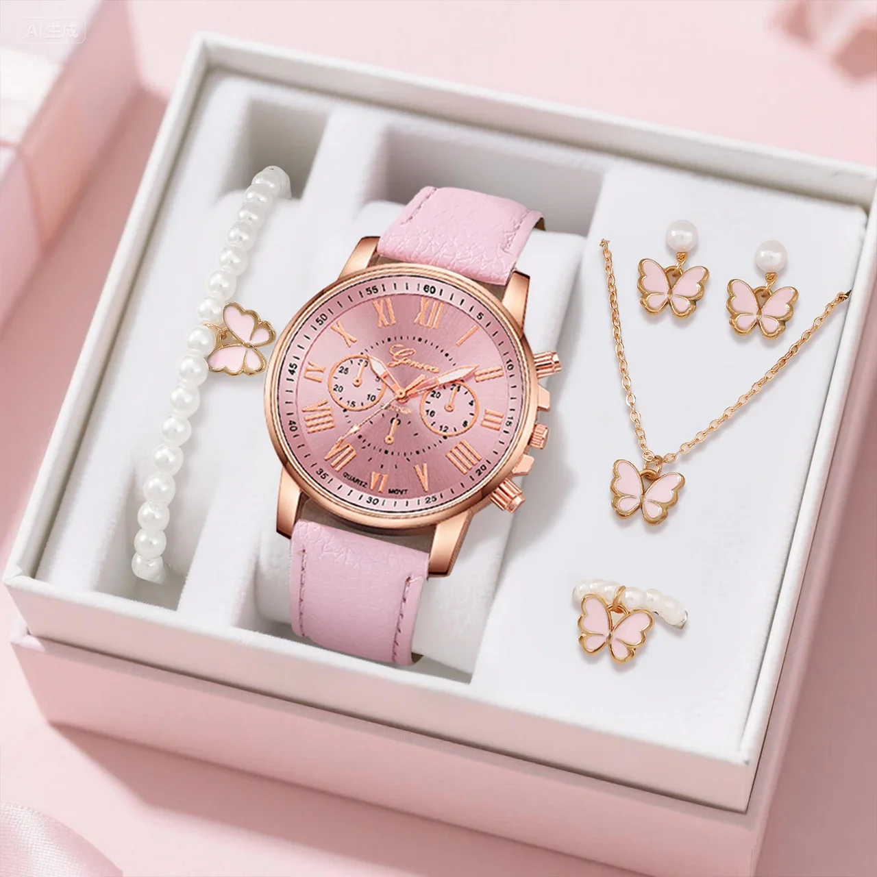 6-piece Women's Cute Quartz Watch with Necklace Set, Suitable for Daily Wear and Gift Giving