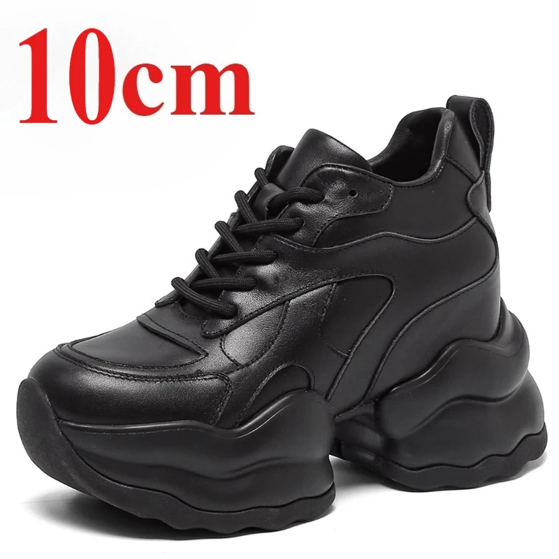 Genuine Leather Daddy Shoes for Women's 14cm Thick Sole Height Increasing Shoes Black Fashionable and Comfortable Platform Shoes