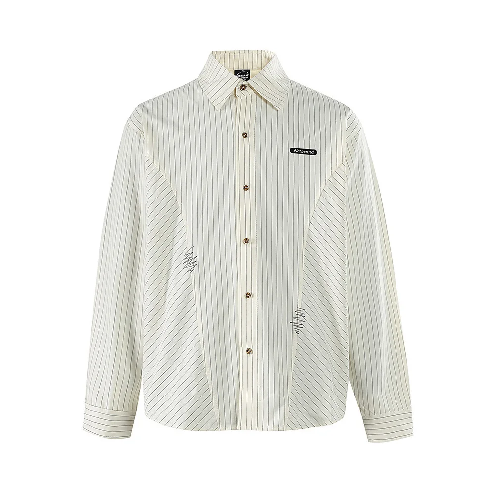 

Осенняя хлопковая рубашка с вышивкой, мужская модная японская уличная одежда Cityboy, свободные повседневные рубашки-карго в полоску с длинными рукавами