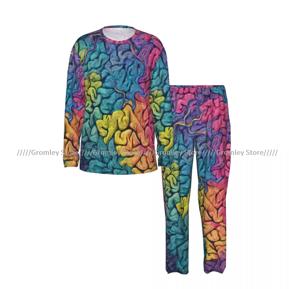 Male Pajama Set Long Sleeve Long Pants Sleep Suit Colorful Brain Pattern Homewear Men Night Loungewear