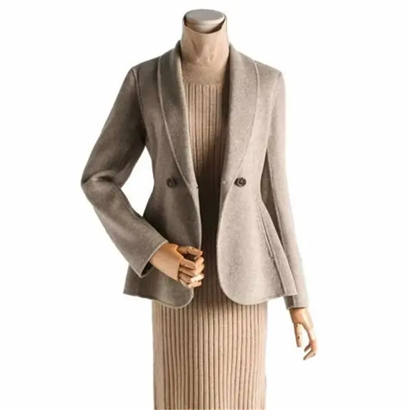 Women's Spring Autumn Pop Solid Color Lapel Button Pocket Long Sleeve Slim Fashion Casual Short Wool Jacket Female Clothing 635