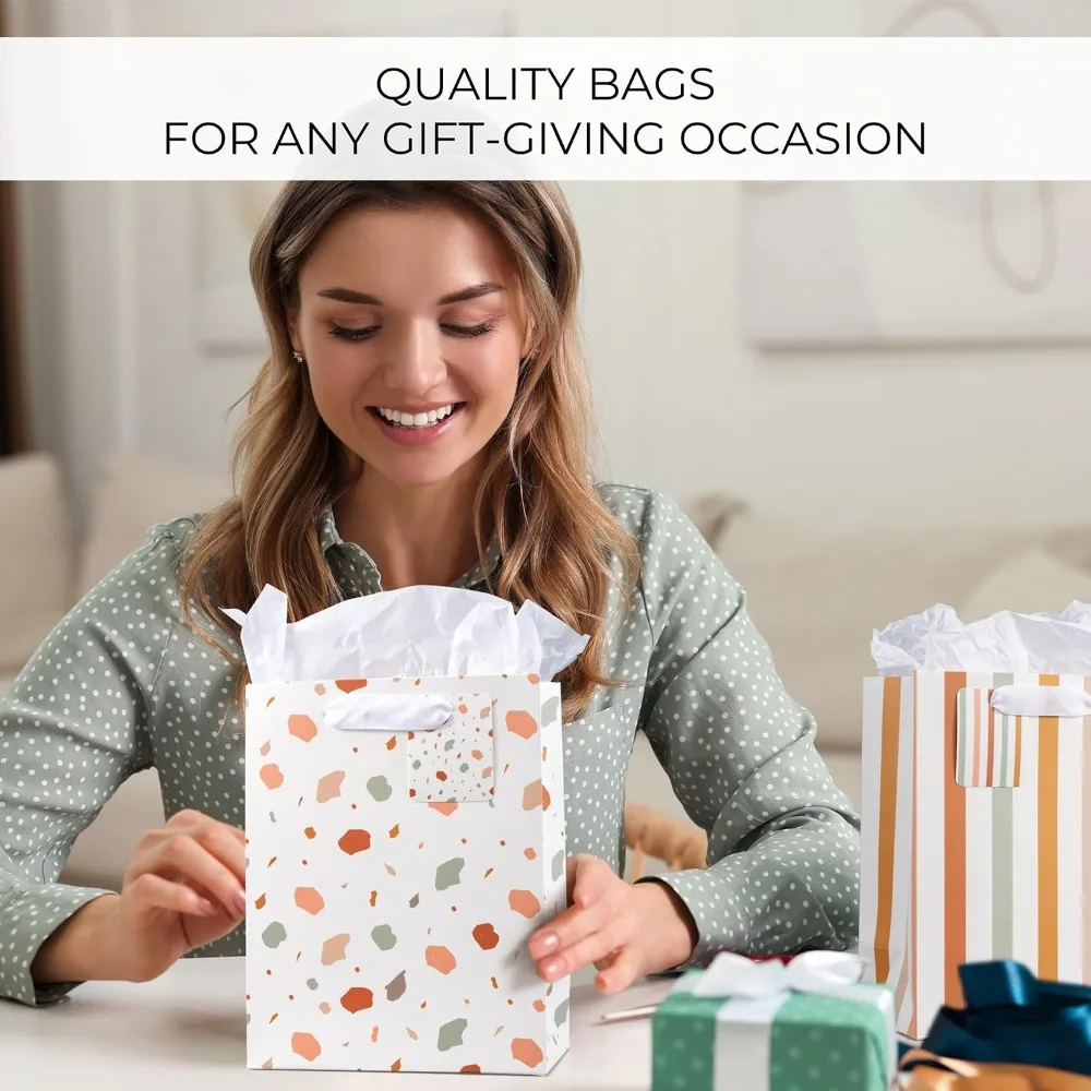 4 Pack Reusable Gift Bags with Handles, Tissue Paper, Cards & Stickers - Medium 9
