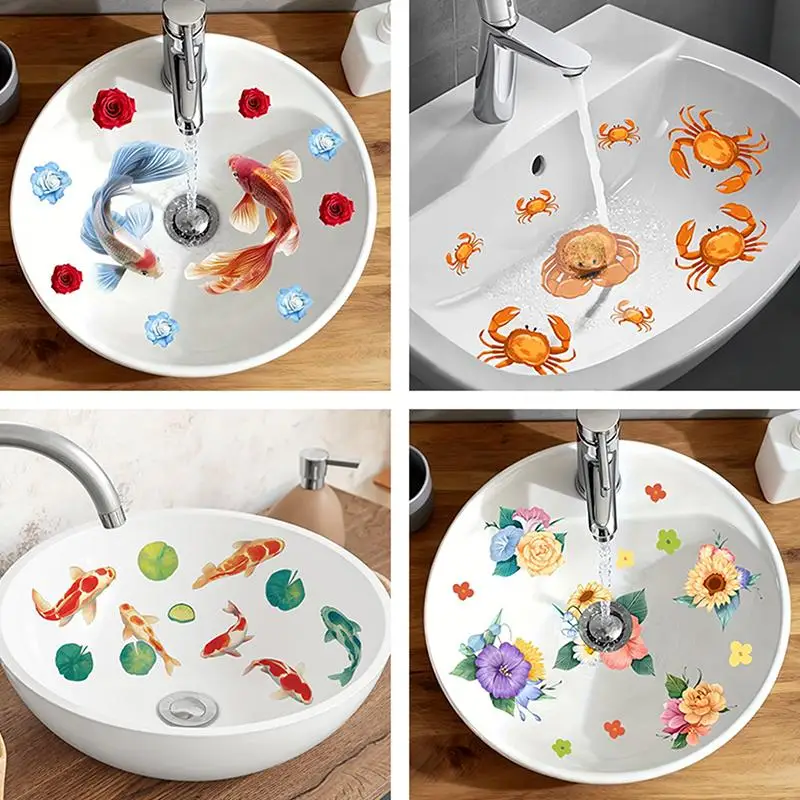 Lucky Koi And Floral Washbasin Sticker Self-Adhesive Waterproof Removable Bathroom Sticker, Wall Bathroom Sink Decal Home Decor