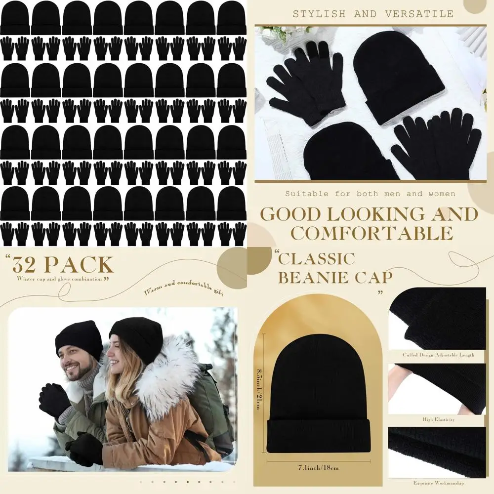 

Bulk Knit Winter Beanies Gloves Set for Men Women - 64 Pieces Windproof Warm Hat Cap Gloves Pack