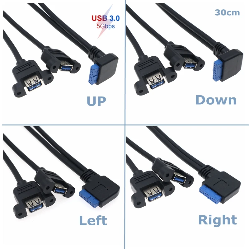Установочный кабель USB 3.0 с двумя гнездовыми разъемами и угловым разъемом под углом 90 градусов, длиной 30 см, для материнской платы компьютера.