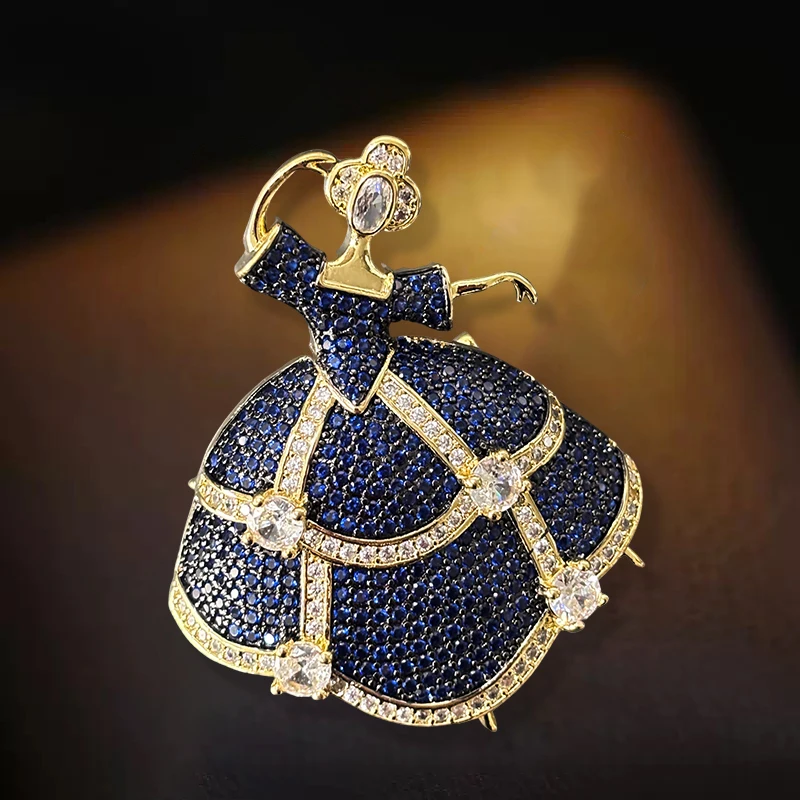 OKILY Palace Elegance Zircon Dancing  Girl Brooch Pins Temperament Enamel Bowknot Fan gingko Feather Corsage for Woman Ornament