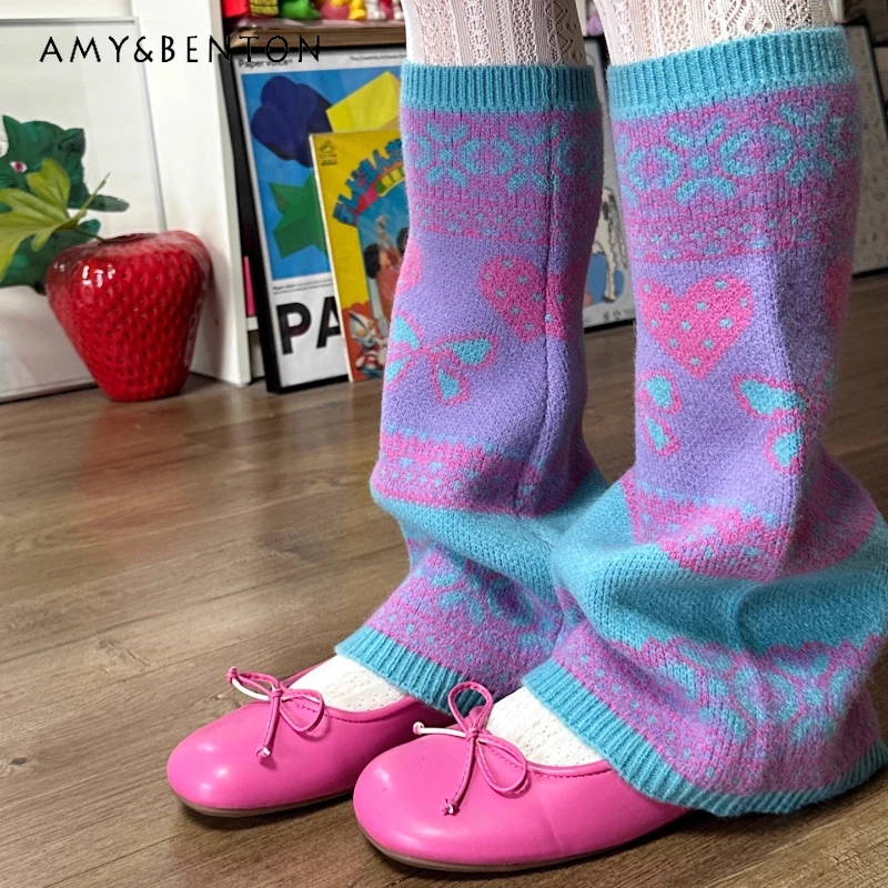 

2025 Autumn Winter New Y2K Retro Sweet Knitted Women's Socks Original Design Cute Print Splicing Versatile Leg Warmers Ladies