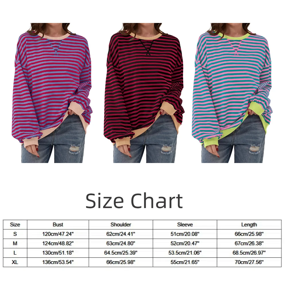 أنيقة فضفاضة مخططة المتضخم البلوز طاقم الرقبة الأساسية البلوفرات النساء Y2K كل مارس المرقعة كم طويل تي شيرت الإناث