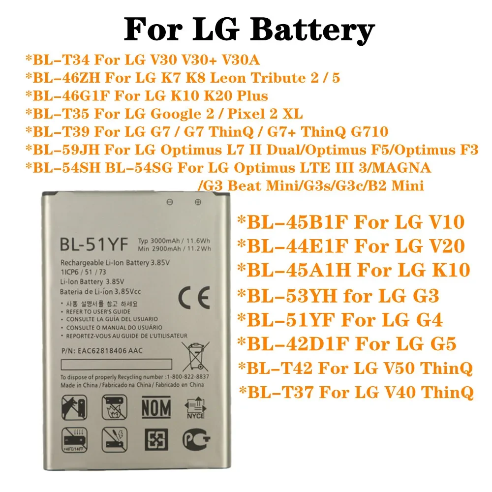 For LG V10 V20 V30 V30+ V30A V40 V50 G7 G7+ ThinQ G3 G4 G5 K7 K8 K10 K20 Plus Leon Tribute 2 5 Optimus F5 Google 2 Phone Battery