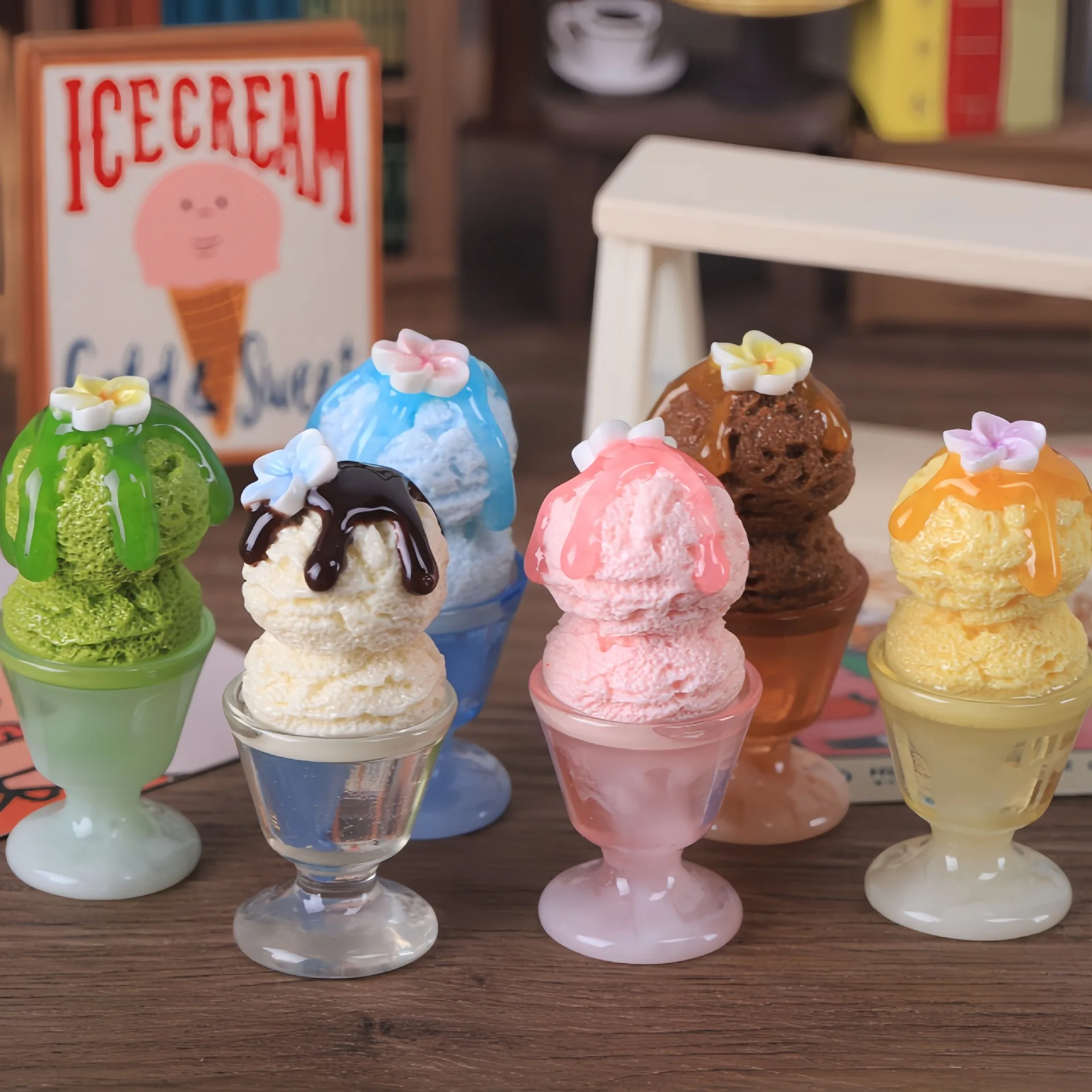 Mini 5.6cm Ice Cream Model Food Two-Scoop Ice Cream Cup with Flower Resin Miniature Dessert Craft Desktop Decoration Ornament