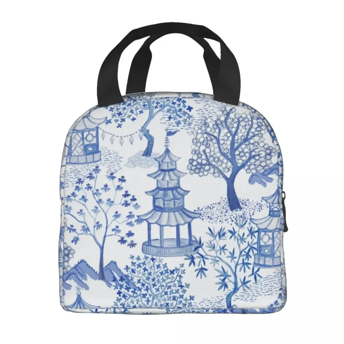 Pagoda Forest Insulated Lunch Bag for Women Blue Delft Vintage Chinoiserie Cooler Thermal Bento Box Kids School Children