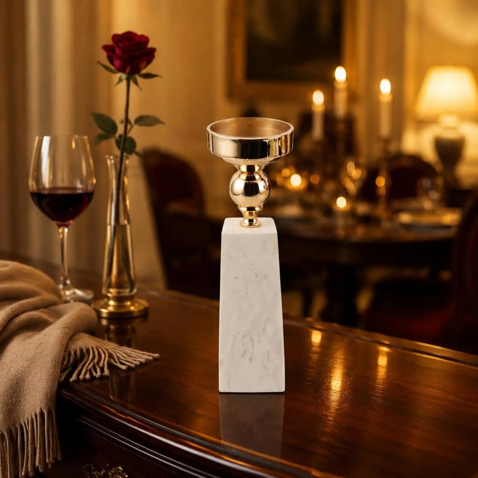 Marble Column Candle Holder Luxury Style Marble Modern Minimal Design Gold Candle Stand for Hotel, Dining Room