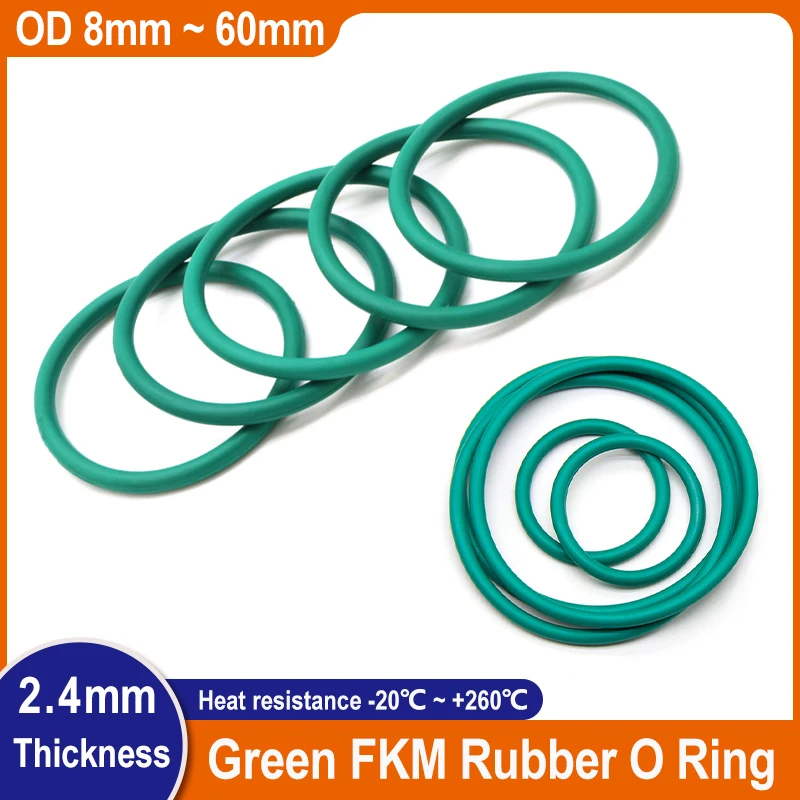 

10/50Pcs FKM Green O Ring Gasket CS 2.4mm OD 8mm ~ 60mm Fluorine Rubber Sealing Washer Heat resistant Oil Resistant Acid Alkali