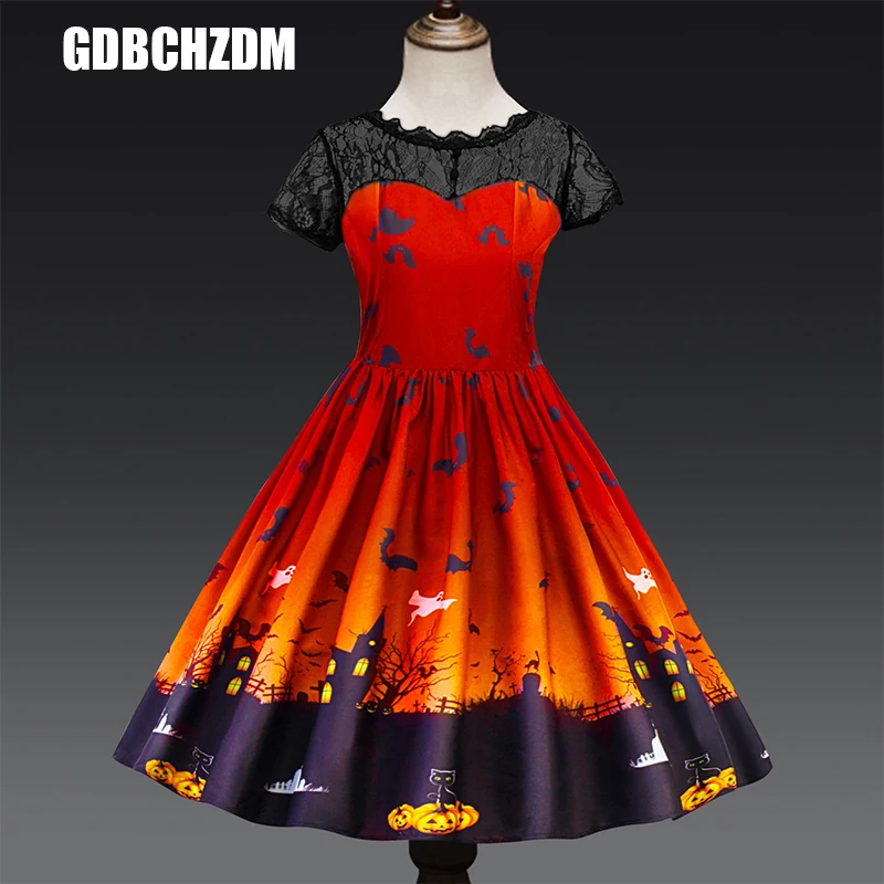 Children Halloween Costume for Kids Girls Pumpkin Lace Witch Printed Party Gown Prom Cosplay Costume Princess Christmas Dress