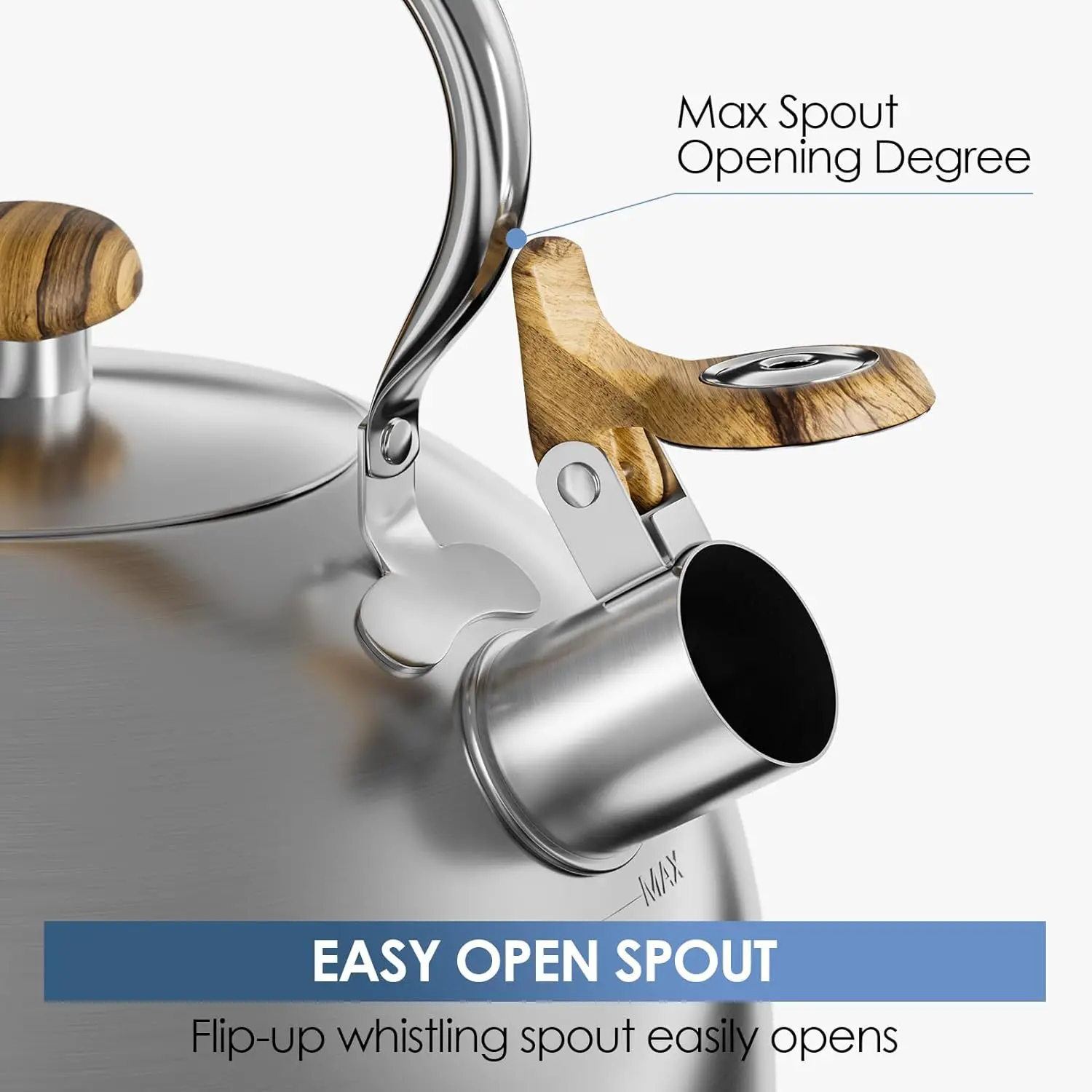 コンロ用ティーケトル、2.6クォートの笛吹きティーケトル、食品グレードのステンレス製ティーポット、木目模様付き