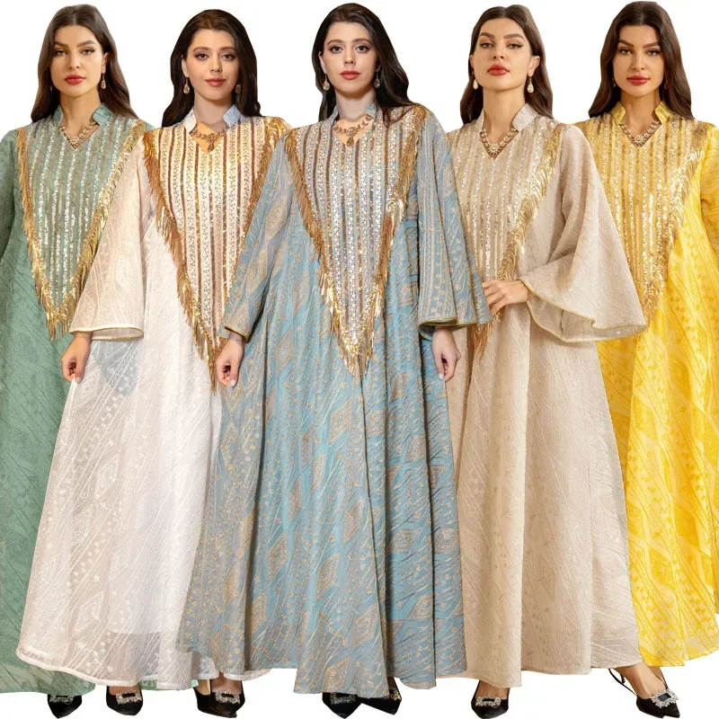 

2024 Sequin Clothes for Muslim Women Summer Fashion Muslim Long Sleeve V-neck Party Evening Long Maxi Dress Abaya Dubai Gowns