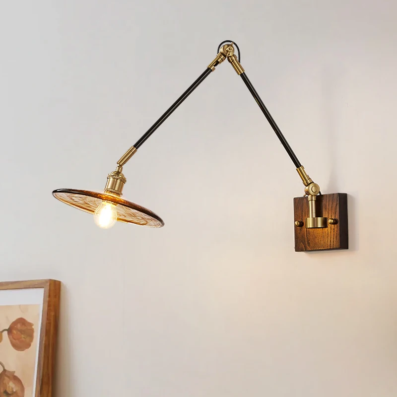 Retro All Copper Universal Rocker Arm Wiring Bedside Wall Lamp Restaurant Light Creative Walnut Background Wall Decoration Wall