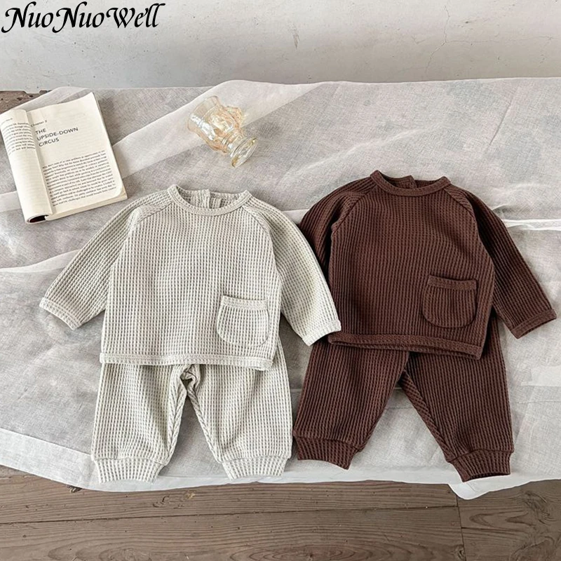 Baby Girl Boy Clothes Newborn Infant Long Sleeve Waffle Fabric Sets Baby Top Pullover and Pant 2Pcs Outsuit Outwear Conjuntos