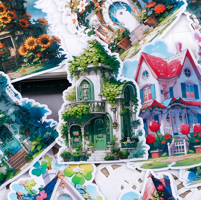 16pcs Cute Cartoon Flower House Stickers for Journals, Notebooks and Scrapbooks - Waterproof and Diary and Planner