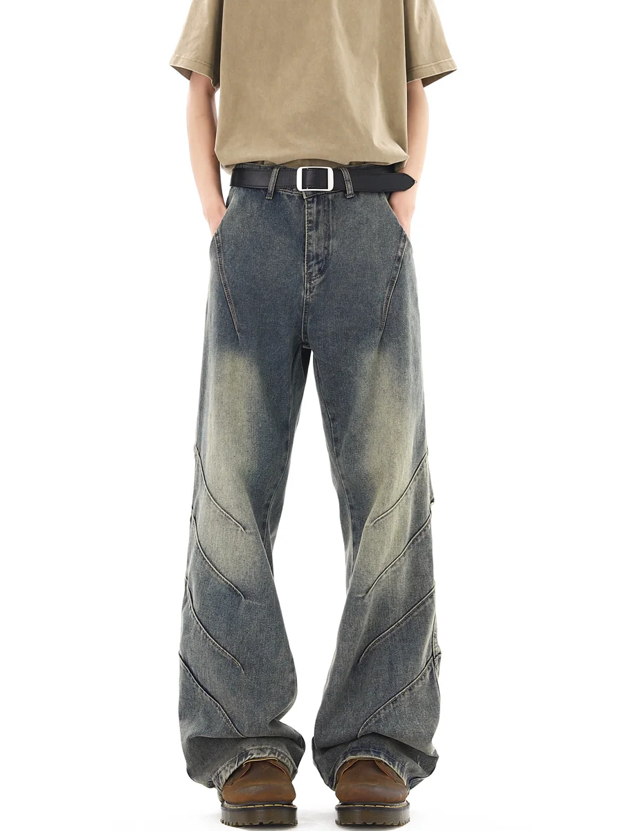 Retro Blue Pleated Knife  Men's Jeans American High Street Style Straight Leg Slimming Flared Pants Summer Fashion