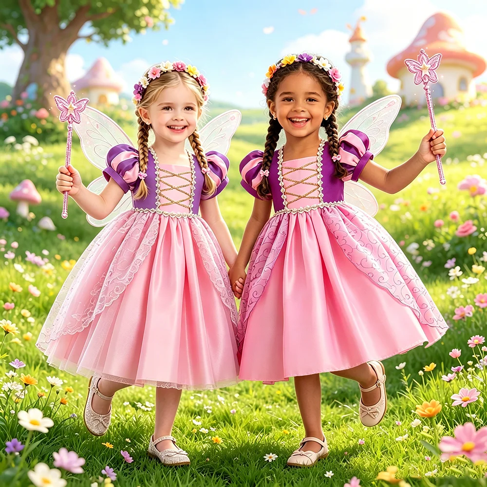 Girls Princess Cosplay Rapunzel Dress Kids Tangled Costume Fancy Purple Luxury Mesh Clothes Birthday Carnival Party Ball Gown