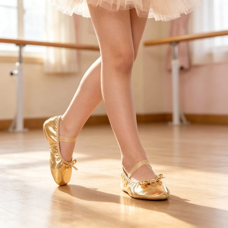 Women Bowknot Leather Dance Shoes Golden Round Toe Foldable Flats for Belly Dance Indian  Ballet Latin  practice shoes