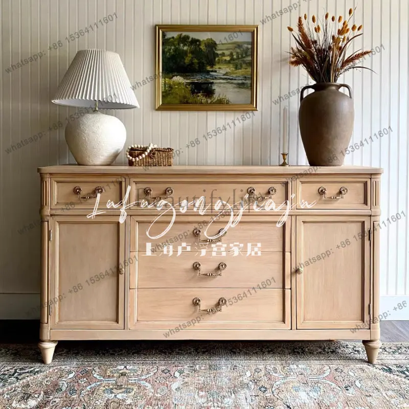 

French retro home dining side cabinet, American solid wood living room decorative storage cabinet