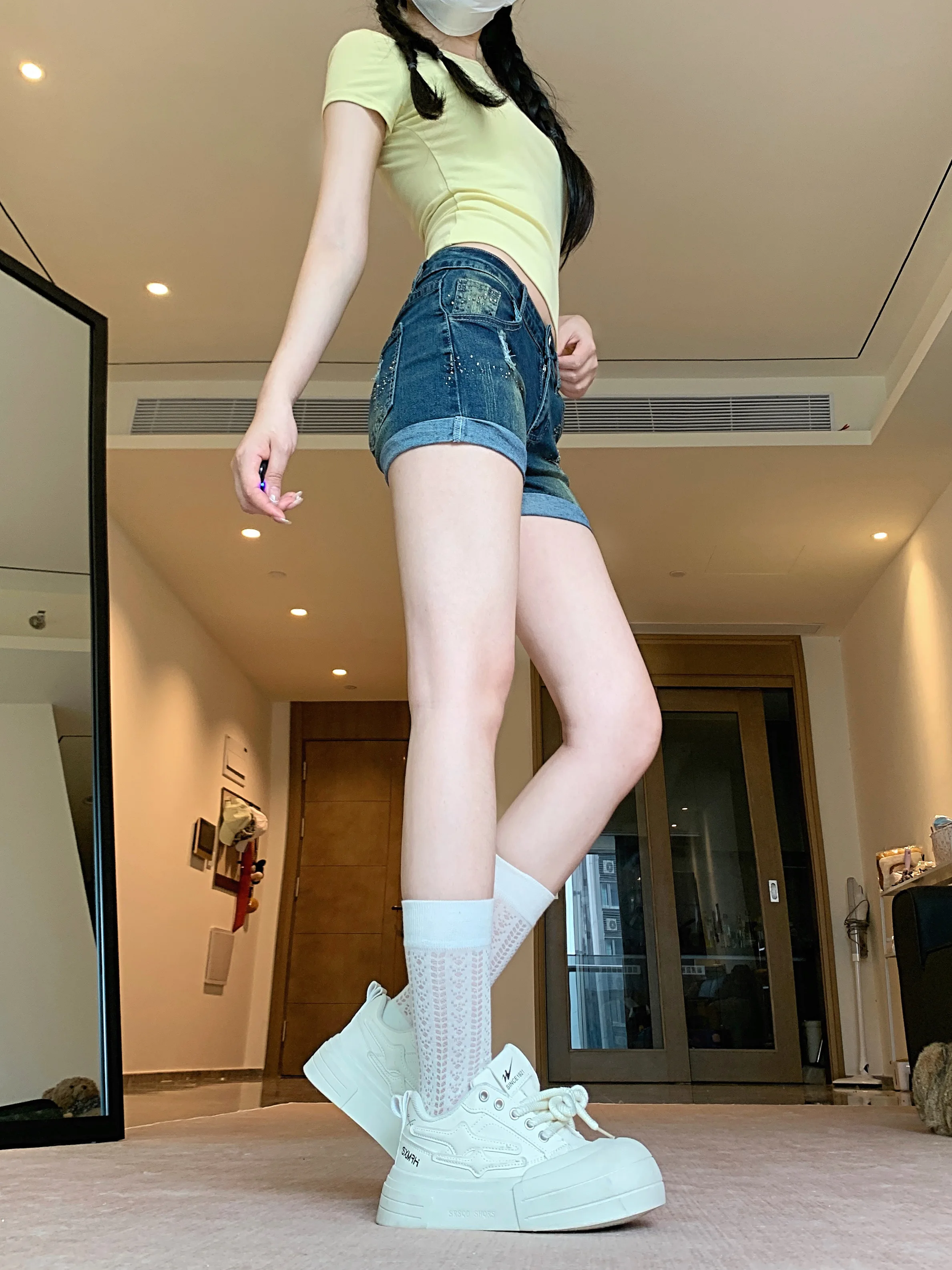 レディース ブルー ホットダイヤモンド ホールウォッシュ フリップジーンズ ショートパンツ Y2K アメリカン ストリートウェア セクシー ホットガール ヒップホップ ホットパンツ サマー 2025 服