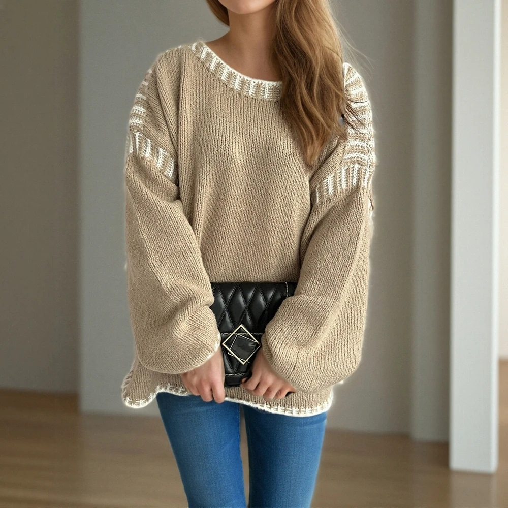 

Autumn Winter Sweater Long Sleeve Round Neck Commute Friendly Women's Fashionable Fitted Knitwear Straight Sleeve Design