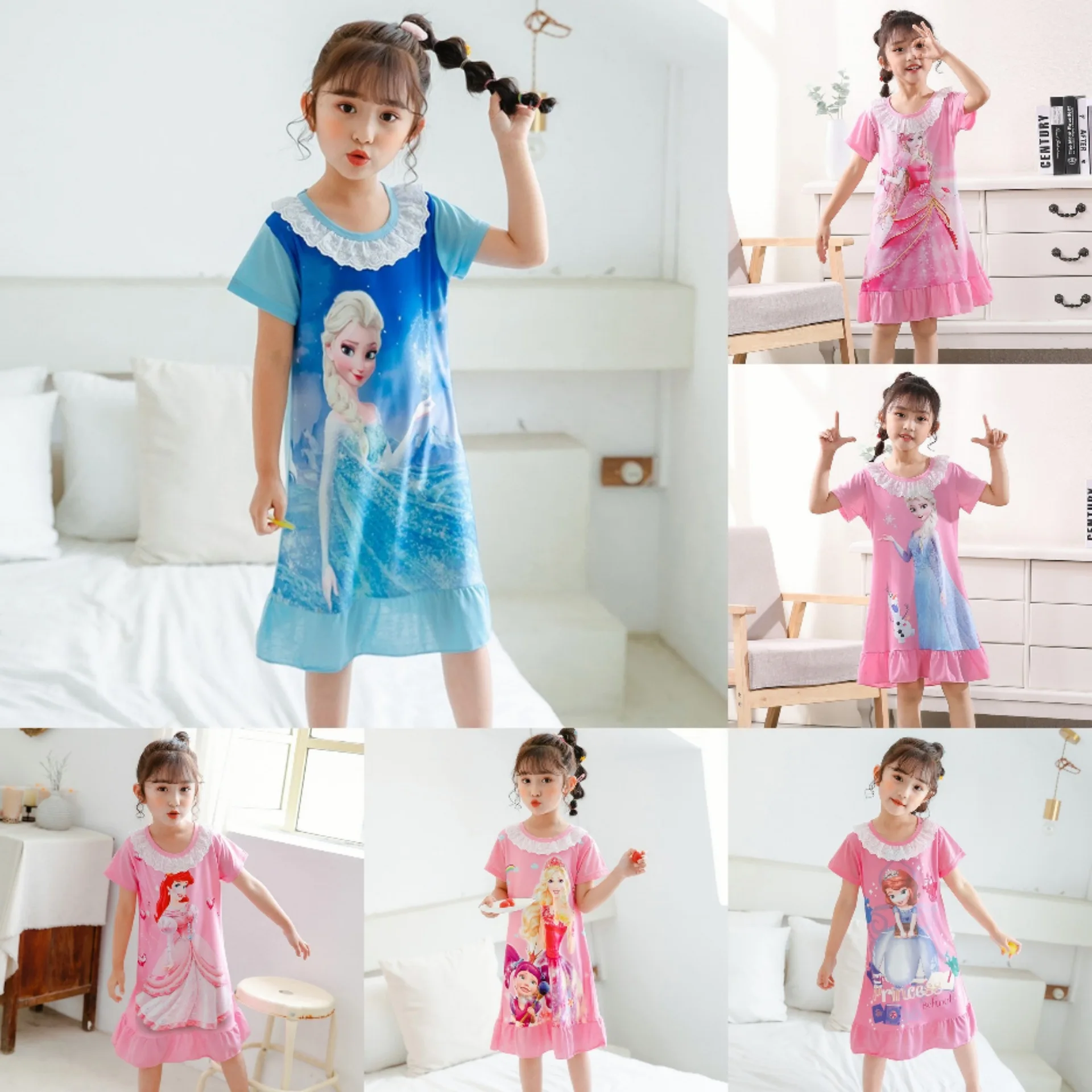 Children's Pajamas Female Summer Princess Nightgown Pajamas Kids Long Sleeve Nightdress Cute Cartoon Fate Little Girl Home Dress