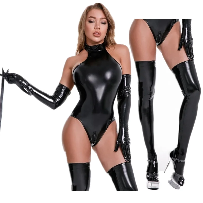 

Women Wetlook Sexy Club Catsuit Swimsuit Patent Leather Halter Backless Leotard Bodysuit for Evening Party Costumes Clubwear