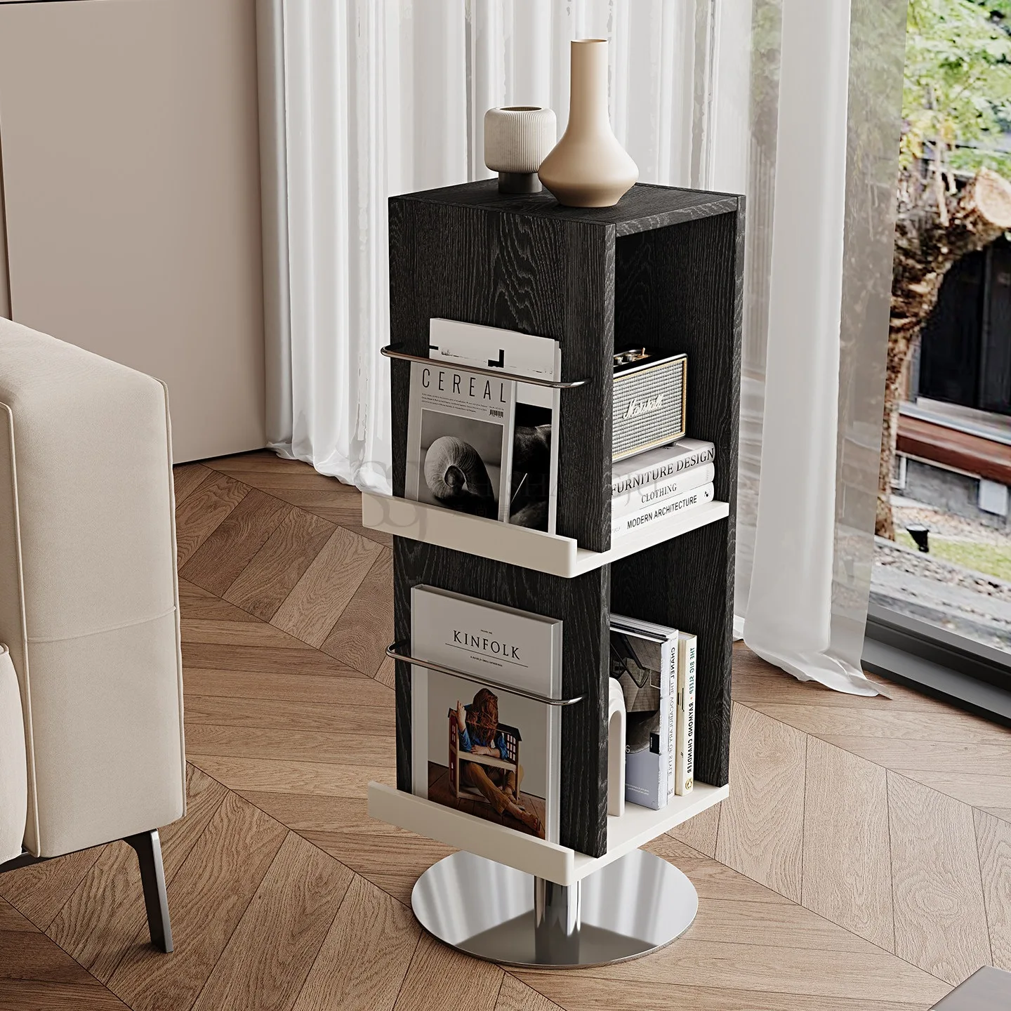 Rotating Bookshelf Low Height Magazine Rack for Office Living Room Floor Standing Storage Shelf for Bedroom Vintage Solid
