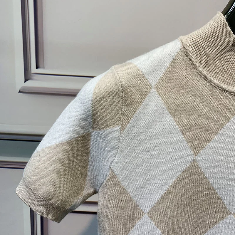 2022 Spring Short Sleeve Half Turtleneck Knitting T-Shirt Men Slim Diamond Plaid Knitted Bottoming Shirt Social Club Outfits