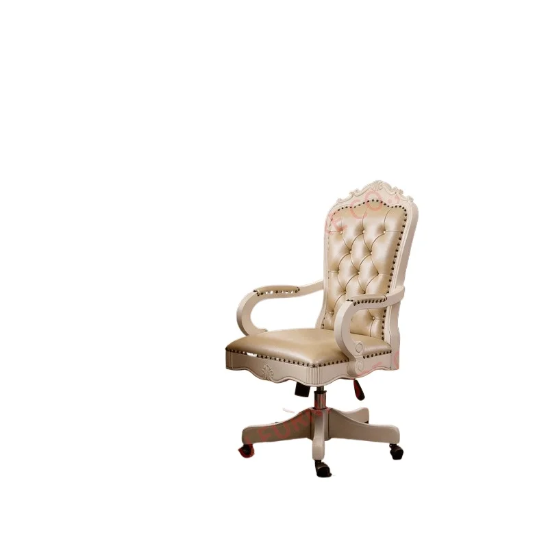 White tufted leather swivel chair, high-backed cherry wood with nail head decoration and wheeled office chair, vintage-s