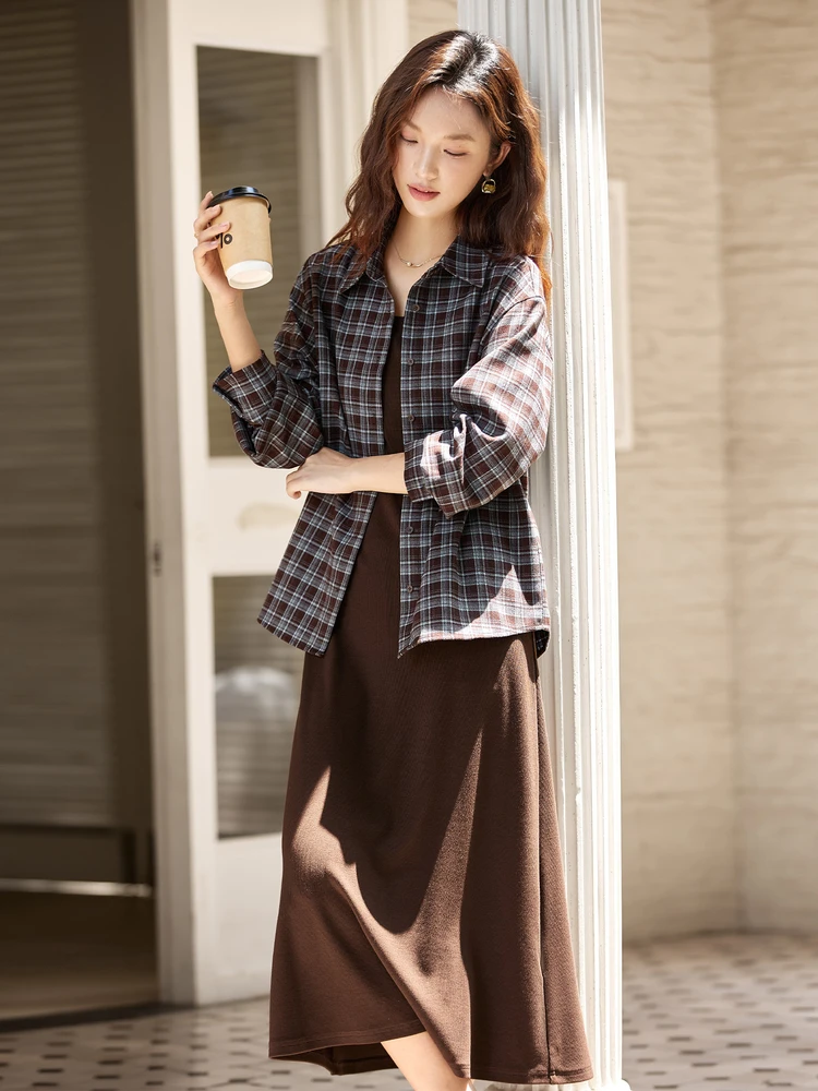 VIMLY femmes deux pièces robe décontracté jarretelle marron robe longue Plaid manches longues col Polo chemises robe ensembles 2025 automne A2890