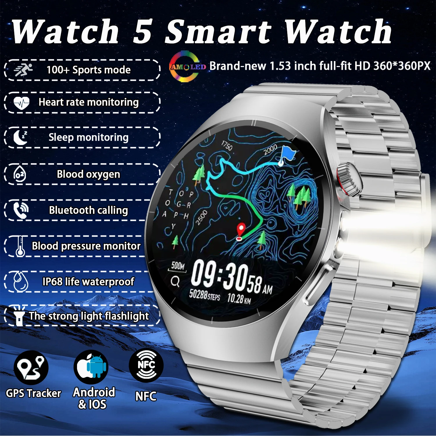 

Новинка для SK45 Pro GPS SmartWatch для мужчин 360*360 AMOLED HD 150+Sport Mode Компас BT Call Health Monitor IP68 Водонепроницаемые спортивные часы