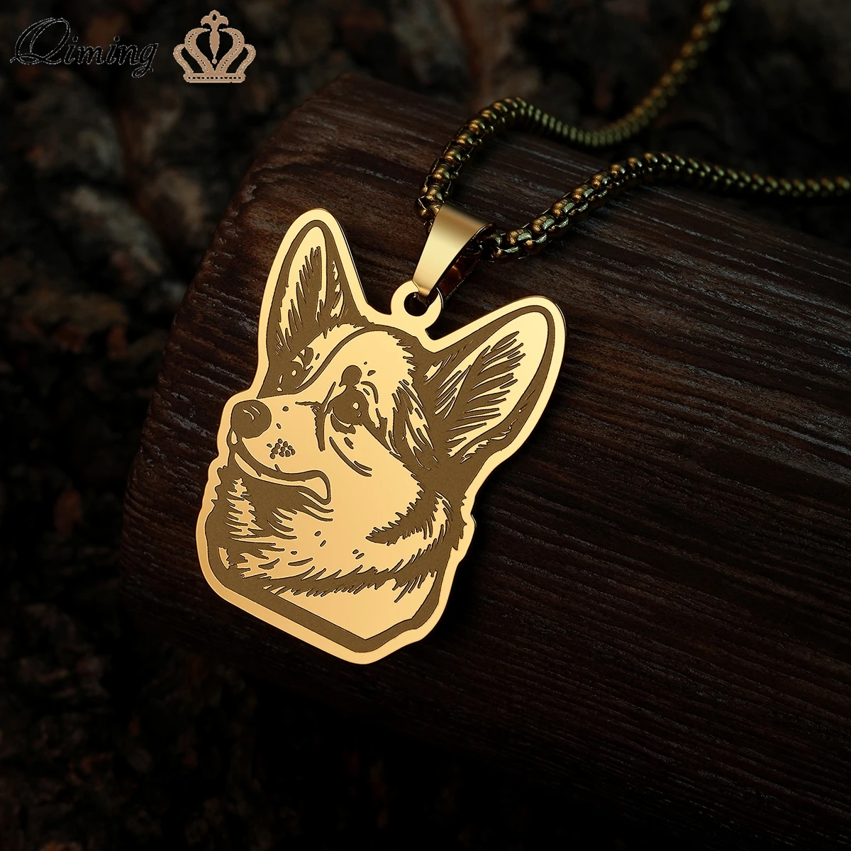 QIMING Corgi Cute Animal Dog Pendant Necklace For Women Men Punk Jewelry Stainless Steel Necklaces Gift 