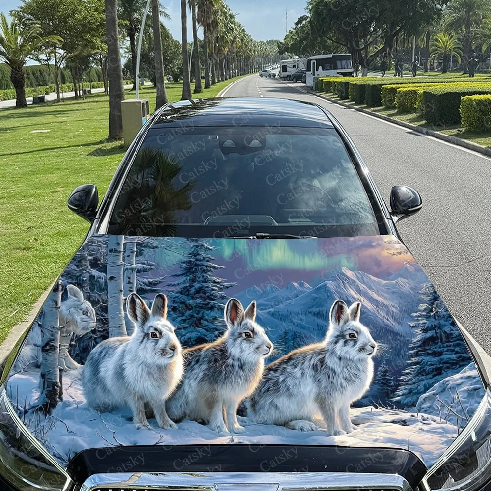 This car hood features a stunning winter scene with four rabbits, snowy mountains, and aurora lights. Perfect for nature lovers!