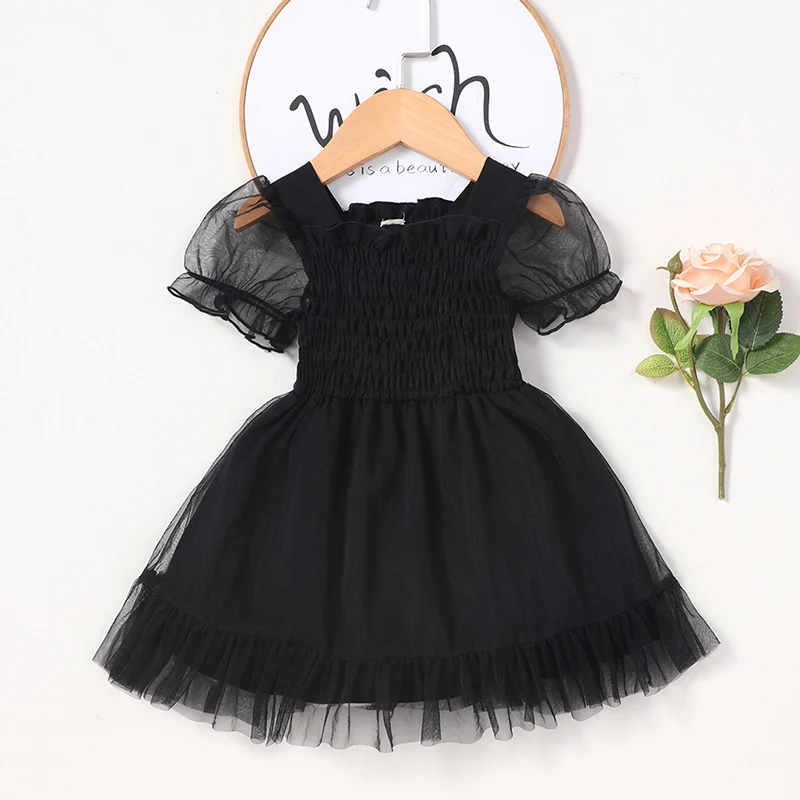 Infant Baby Girl Black Tulle Dress Ruffle Short Sleeve Frill High Waist A-line Tutu Dress Princess Summer Clothes