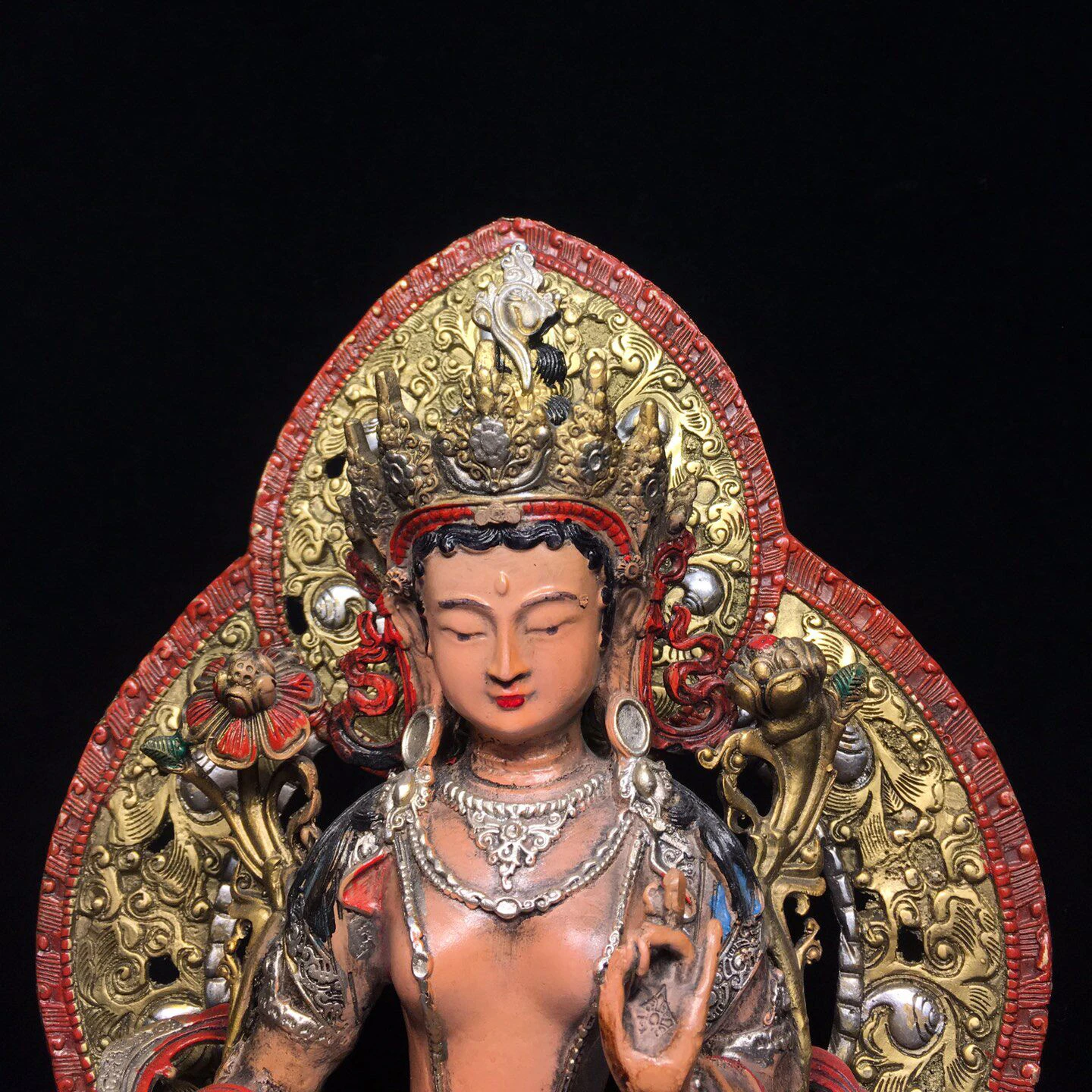 Old Copper Painted Gold Highlight Green Tara Statue With Halo Serene Face Heavy Patina Fine Craftsmanship