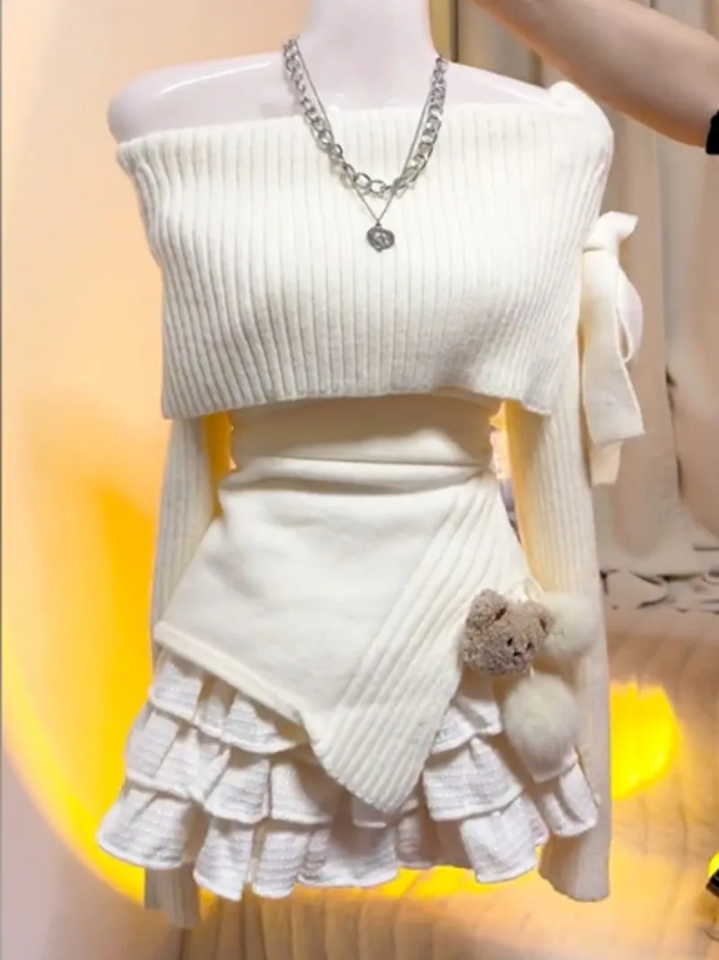 

Korean Sexy Skirt Set Women Fashion Slash Neck Off-the-Shoulder Bow Sweater A-line Cake Skirts Two-Piece Sets Winter