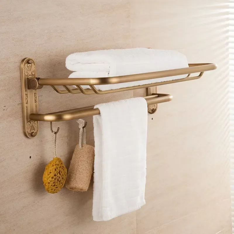 Foldable Wall Mounted Towel Rack Antique Brass Finish Bathroom Storage Set Mirror Polished Surface Suitable for Home Decor