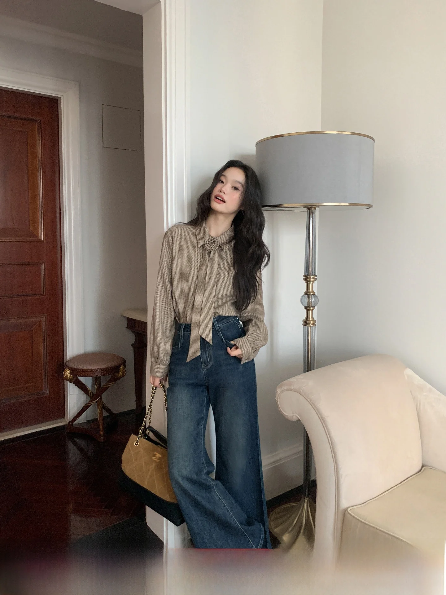 

Джинсовые джинсы-клеш с высокой талией, женские осенне-зимние новые брюки для похудения, прямые длинные брюки в стиле ретро